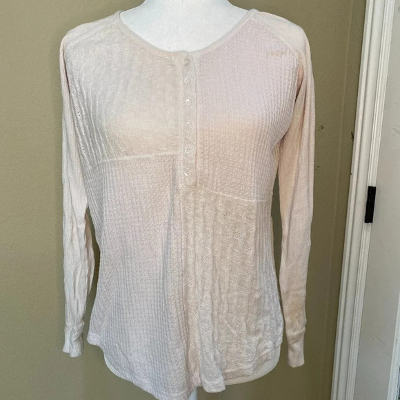 Saturday Sunday by ANTHROPOLOGIE Mixed Media Waffle Knit Henley Top - size small - Picture 2 of 5